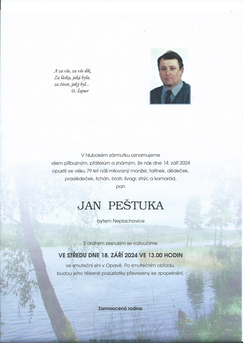 Smuteční oznámení pan Jan Peštuka