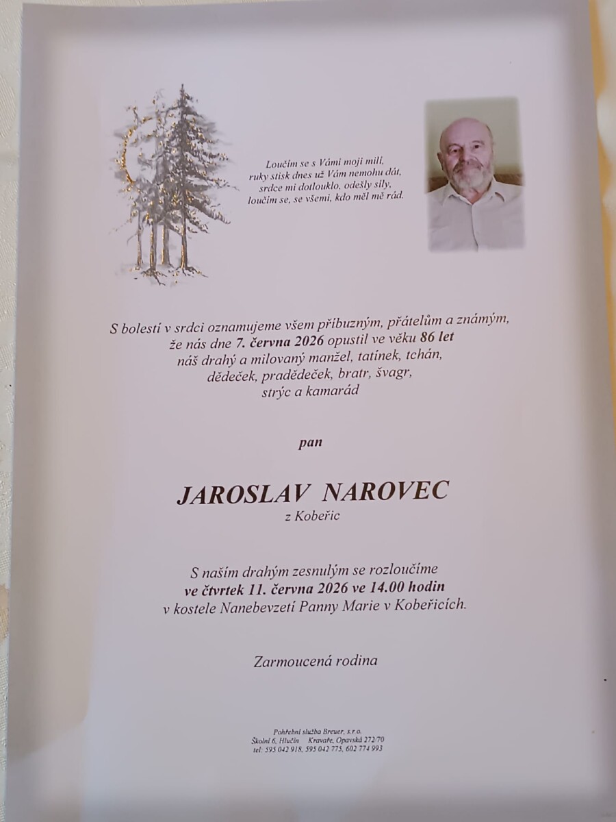 Smuteční oznámení pan Jaroslav Narovec